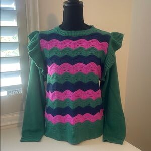JODIFL Green, Pink, and Navy Ruffled Sweater